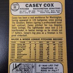 Casey Cox 1968 #66 Washington Senators - ERROR PRINT CARD