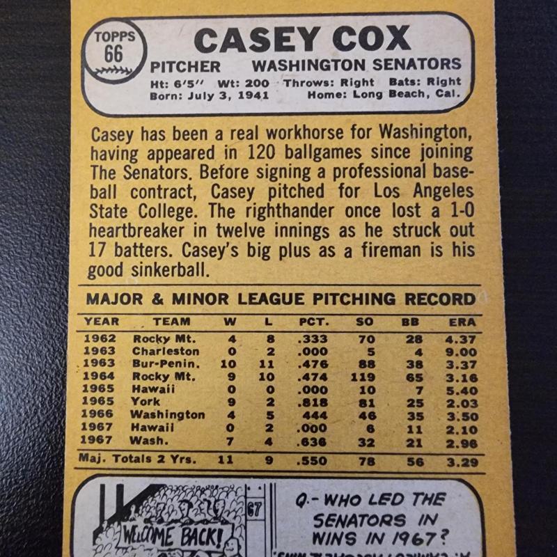 Casey Cox 1968 #66 Washington Senators - ERROR PRINT CARD