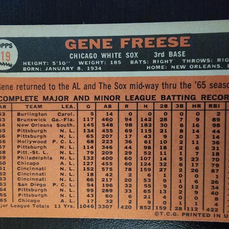 1966 Topps #319 Gene Freese Chicago White Sox - Minor Misprint